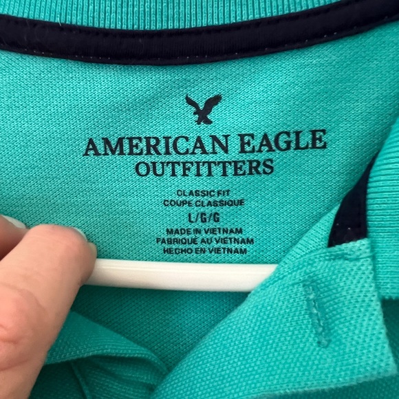MENS GOLF POLO SHIRT SIZE L TEAL W/ NAVY BLUE ACCENTS AMERICAN EAGLE OUT… - Picture 3 of 3